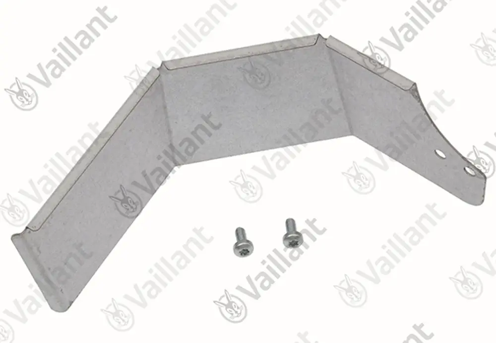 Metallabdeckung von Vaillant für einen Gebläsemotor, bestehend aus einem gebogenen Blech mit zwei Halterungen und Schrauben zur Befestigung.